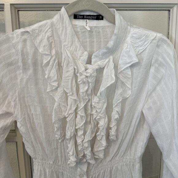 White Gauze Ruffle Front Button Up Blouse Juniors M Roll Tab Sleeve - Picture 3 of 9